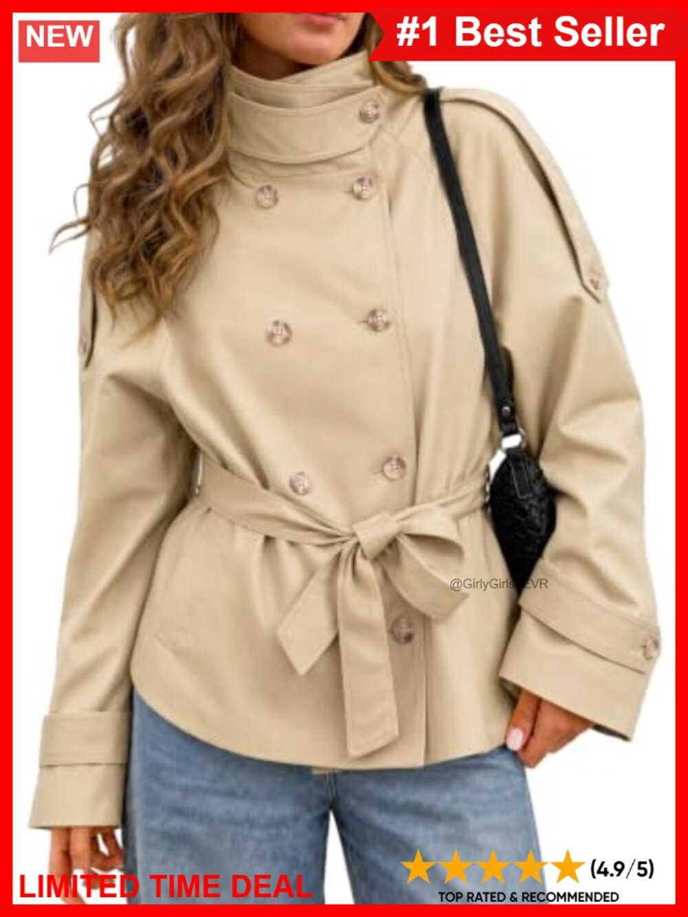 Womens Short Trench Coat Double Breasted Belt Tie Hem Fall Jacket